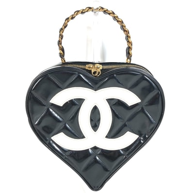 シャネル CHANEL ハート CC ココマーク マトラッセ キルティング チェーン ロゴ 1995 CC ハート マトラッセ バニティバッグ バニティバッグ カバン ヴィンテージシャネル Vintage Chanel ハンドバッグ エナメル ブラック