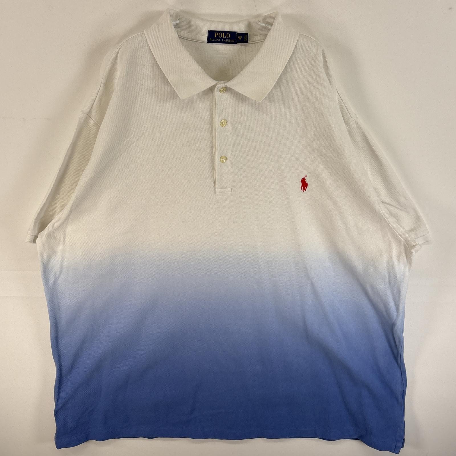 古着 ポロ・ラルフローレン POLO RALPH LAUREN 鹿の子 半袖 ポロシャツ グラデーション 大きいサイズ ワンポイント ロゴ 刺繍 2XB  ブルー系 ツートン メンズ