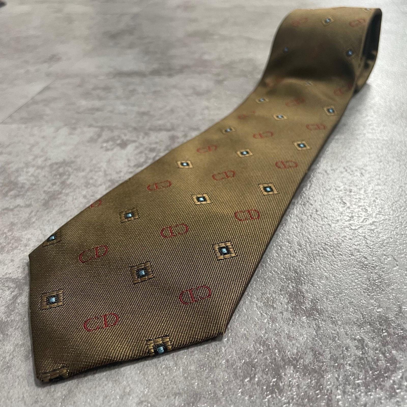 【Christian Dior】クリスチャンディオール CDロゴ スクエア 幾何学小紋 カーキブラウン レッド ブルー 総柄 ネクタイ メンズ ヴィンテージ