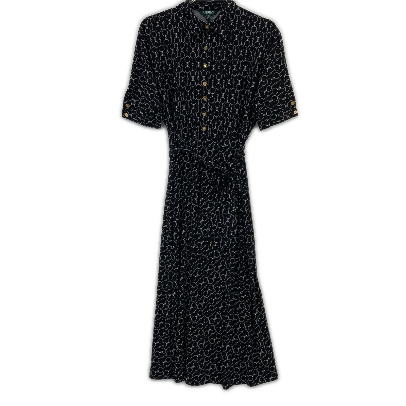 ローレン ラルフローレン ブラック チェーン柄半袖ワンピース M