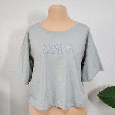 【美品/レア】MM6 Maison Margiela エムエムシックス メゾンマルジェラ グリッター ロゴ クロップド Tシャツ グレー ワイドシルエット 確実正規品