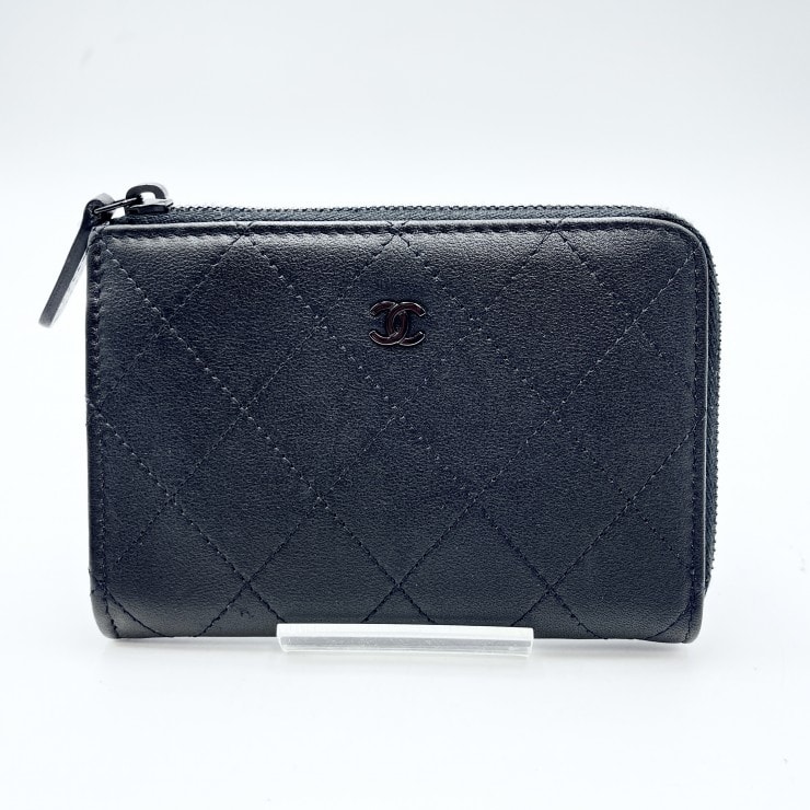 CHANEL(シャネル)クラシック ジップ コインパース マトラッセ コインケース カードケース ブラック レザー シルバー金具 レディース【中古】