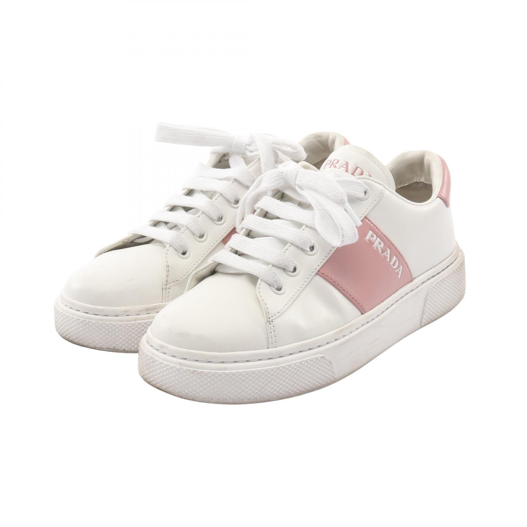 プラダ PRADA ロゴ スニーカー 靴 レザー レディース ホワイト系 / ピンク系 1E223M 【中古】