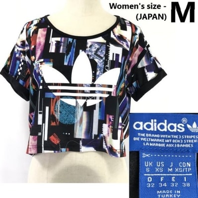 トルコ製★アディダス/adidas originals★総柄プリント/トレフォイル/ショート丈/半袖Tシャツ【レディースM/黒マルチ】Tops/Shirts◆SBH859