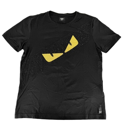 FENDI フェンディ 半袖Tシャツ バグズアイ トップス アパレル クルーネック 服 カットソー XL ブラック 黒 イエロー コットン ラインストーン メンズ 春 夏 美品【中古品】