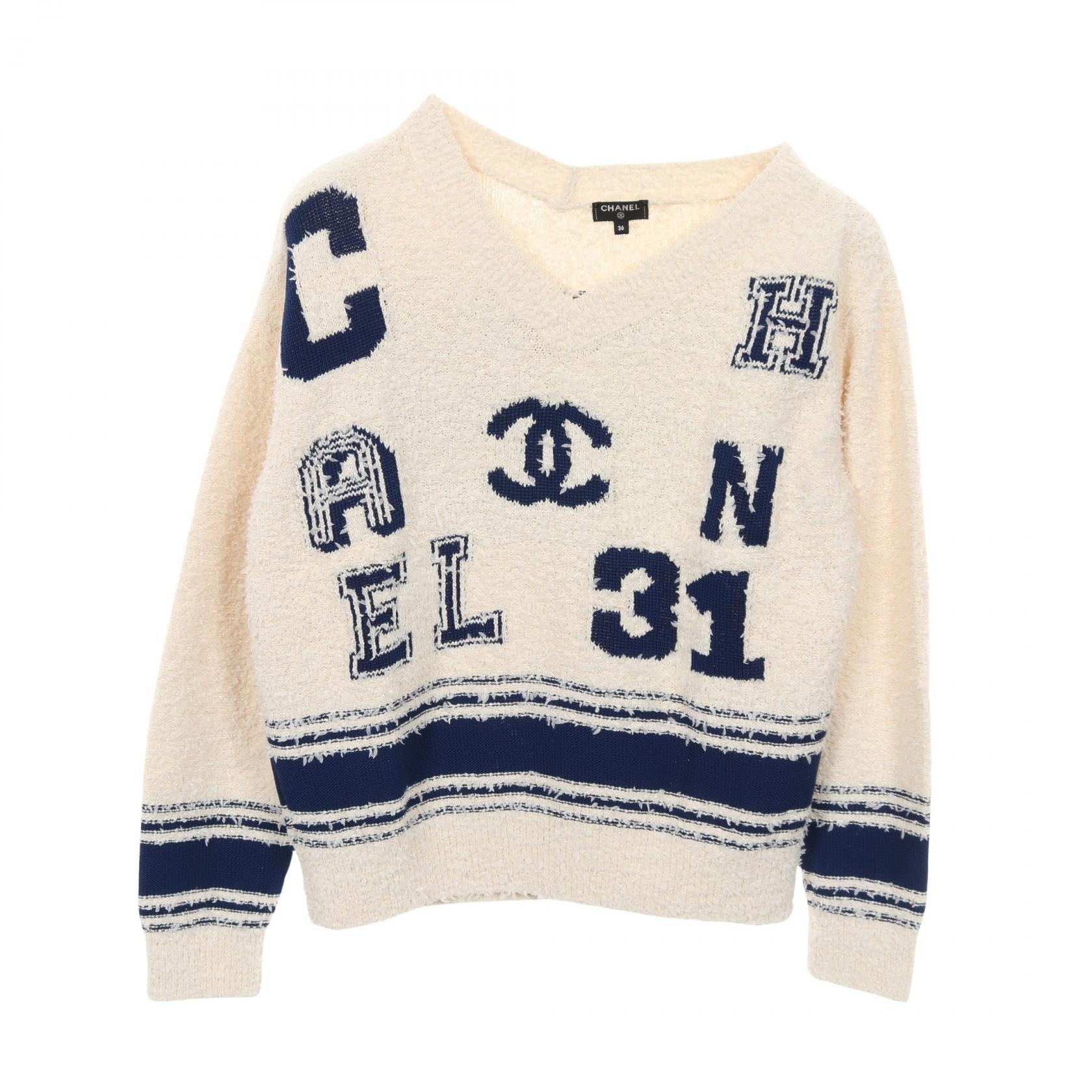 シャネル CHANEL DEAUVILLE BIARRITZ VENISE ココマーク ニット 衣料品 トップス コットン シルク ナイロン レディース ホワイト系 / ブルー系 P60704K46380 【中古】