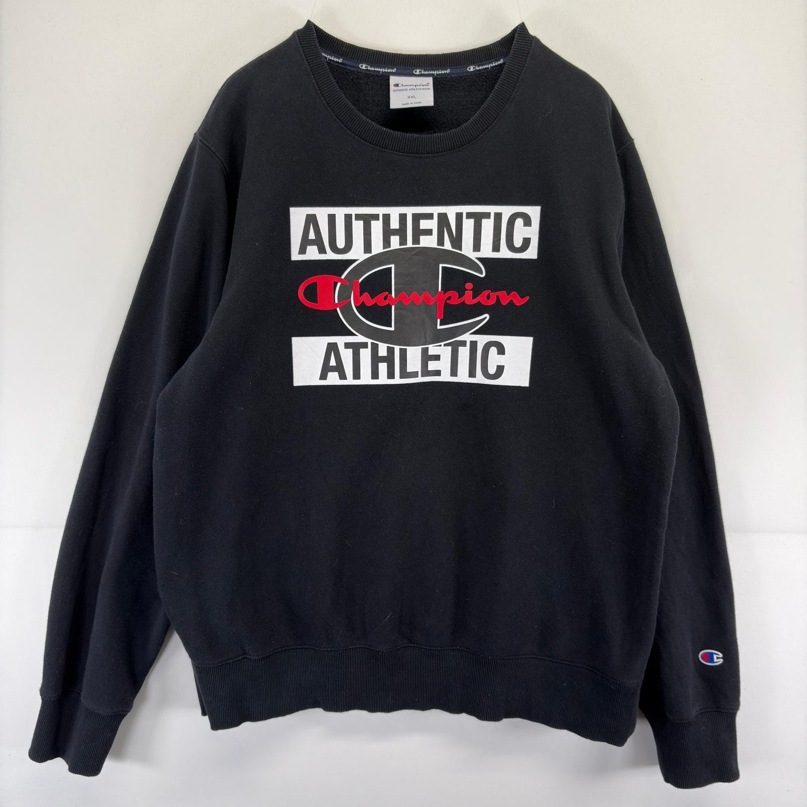 古着 チャンピオン Champion スウェット ロゴ 大きいサイズ プリント トレーナー クルーネック 2XL  ブラック メンズ