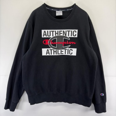 古着 チャンピオン Champion スウェット ロゴ 大きいサイズ プリント トレーナー クルーネック 2XL ブラック メンズ