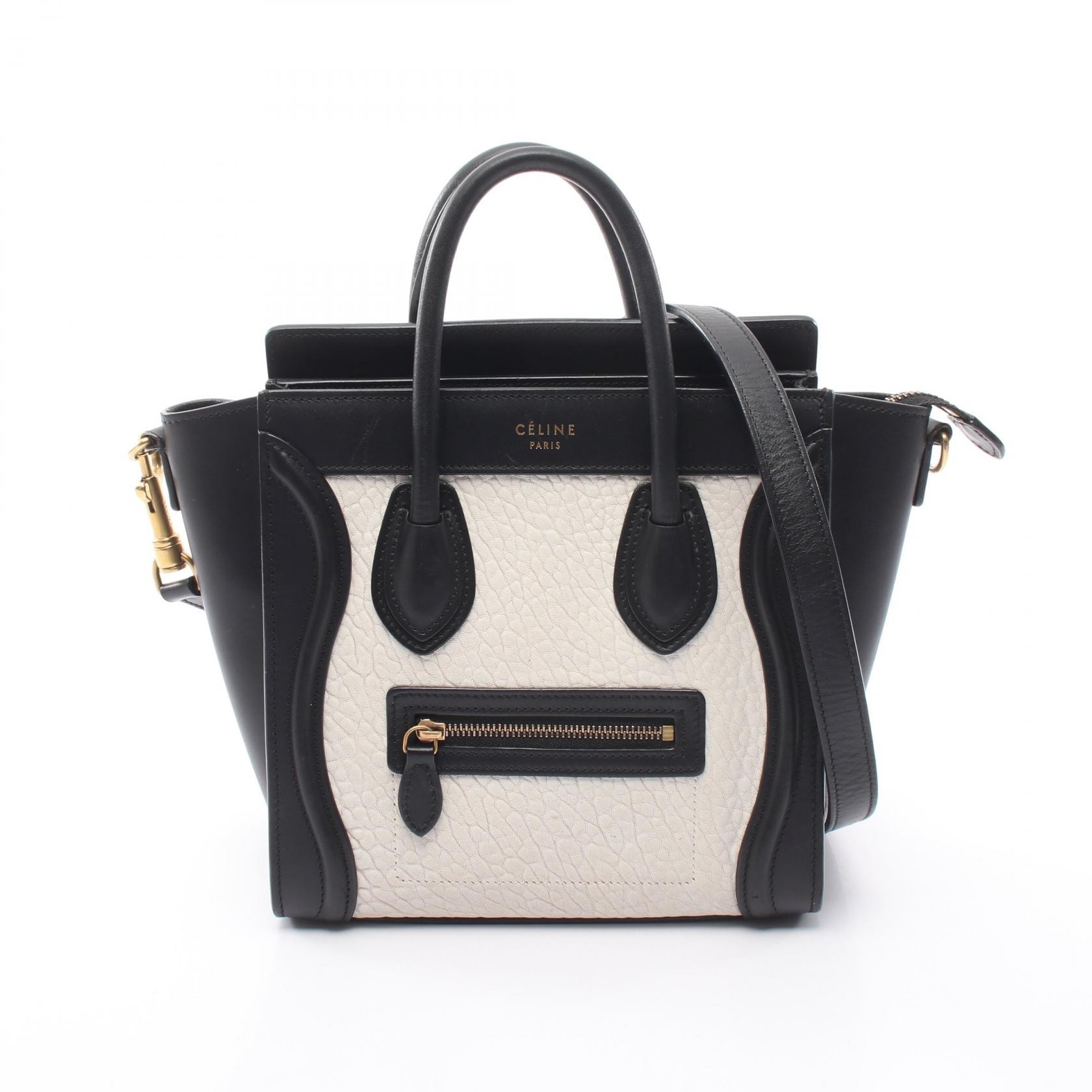 セリーヌ CELINE ラゲージ ナノショッパー 2WAY ハンドバッグ バッグ レザー レディース ホワイト系 / ブラック系 【中古】