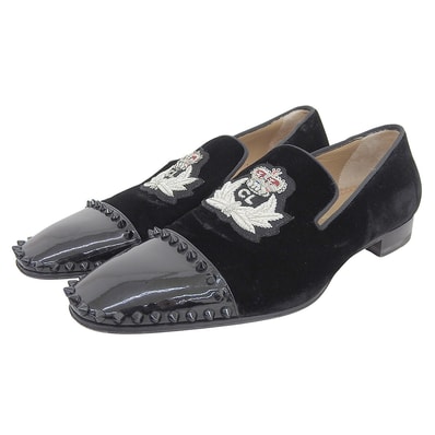 クリスチャンルブタン ベロア スパイク スタッズ 刺繍 ローファー シューズ メンズ 黒 ブラック 40 40