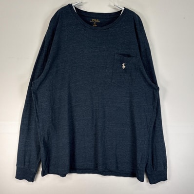 古着 ポロ・ラルフローレン POLO RALPH LAUREN 長袖Tシャツ ロゴ 刺繍 胸ポケ クルーネック L ネイビー 無地 メンズ