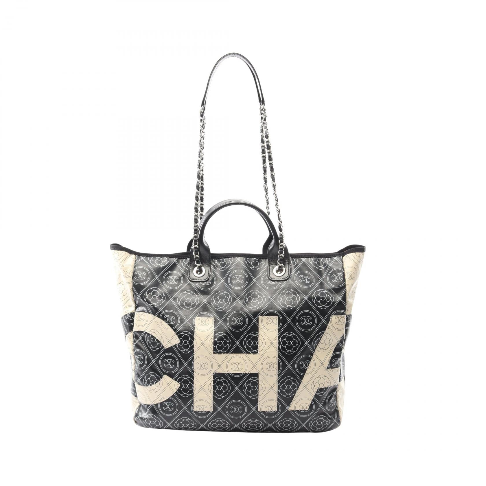 シャネル CHANEL ココマーク カメリア トートバッグ バッグ PVCコーティングキャンバス レザー レディース ブラック系 / ベージュ系 【中古】