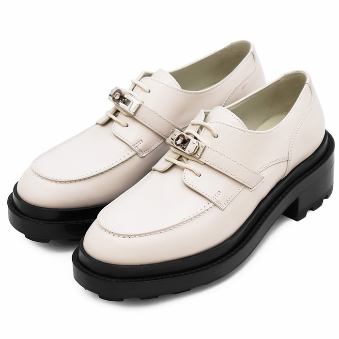 【美品】HERMES エルメス ローファー サイズ 38.5 レディース WS222072Z ケリー ストラップ Uチップ ダービーシューズ チャンキーソール 厚底 レザー ブーツ シューズ 靴 箱・袋付属 アイボリー ベージュ イタリア製