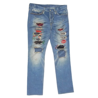 HYSTERIC GLAMOUR ヒステリックグラマー 02182AP06 GOD PATCH DENIM pt スリムストレート PT 転写 トロンプルイユ デニム パンツ インディゴブルー系 M【美品】【中古】