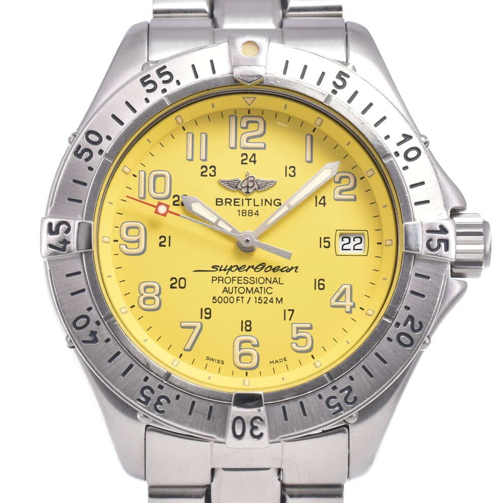 ブライトリング BREITLING A17045 スーパーオーシャン デイト イエロー 自動巻き メンズ 良品 箱付き 腕時計 R#149385