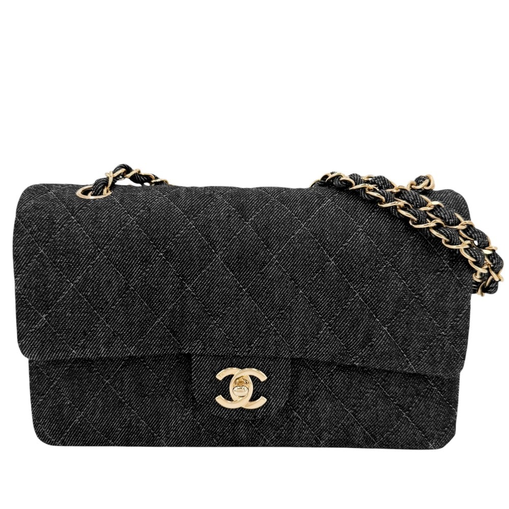CHANEL シャネル ショルダーバッグ マトラッセ25 ターンロック ダブルフラップ 肩掛け 斜め掛け ダブルチェーン ココマーク デニム    ブラック 黒 ゴールド金具 レディース 美品【中古品】
