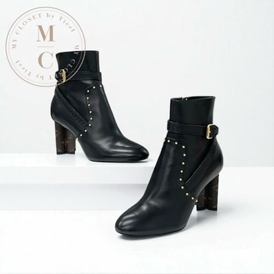 ルイヴィトン LOUIS VUITTON シルエットライン モノグラム ブーツ ショートブーツ 靴 シューズ レザー ブラック ブラウン アンクルブーツ LVロゴ ベルト スタッズ