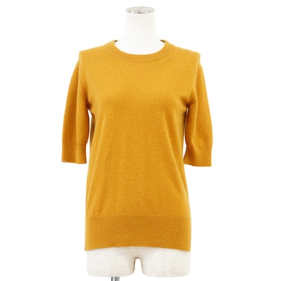 【美品】HERMES エルメス ニット カシミヤ100% ハイゲージ シグネチャー ロゴ Hエンブロイダリー 刺繍 サイドスリット ハーフスリーブ クルーネック プルオーバー トップス レディース サイズ 36 マスタード 英国製