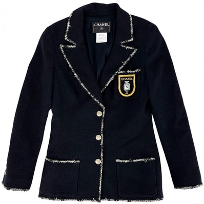 CHANEL シャネル テーラードジャケット アウター ココマーク エンブレム アパレル 服 38 ネイビー 紺 ウール コットン ナイロン レディース 春 秋 2005年【中古品】