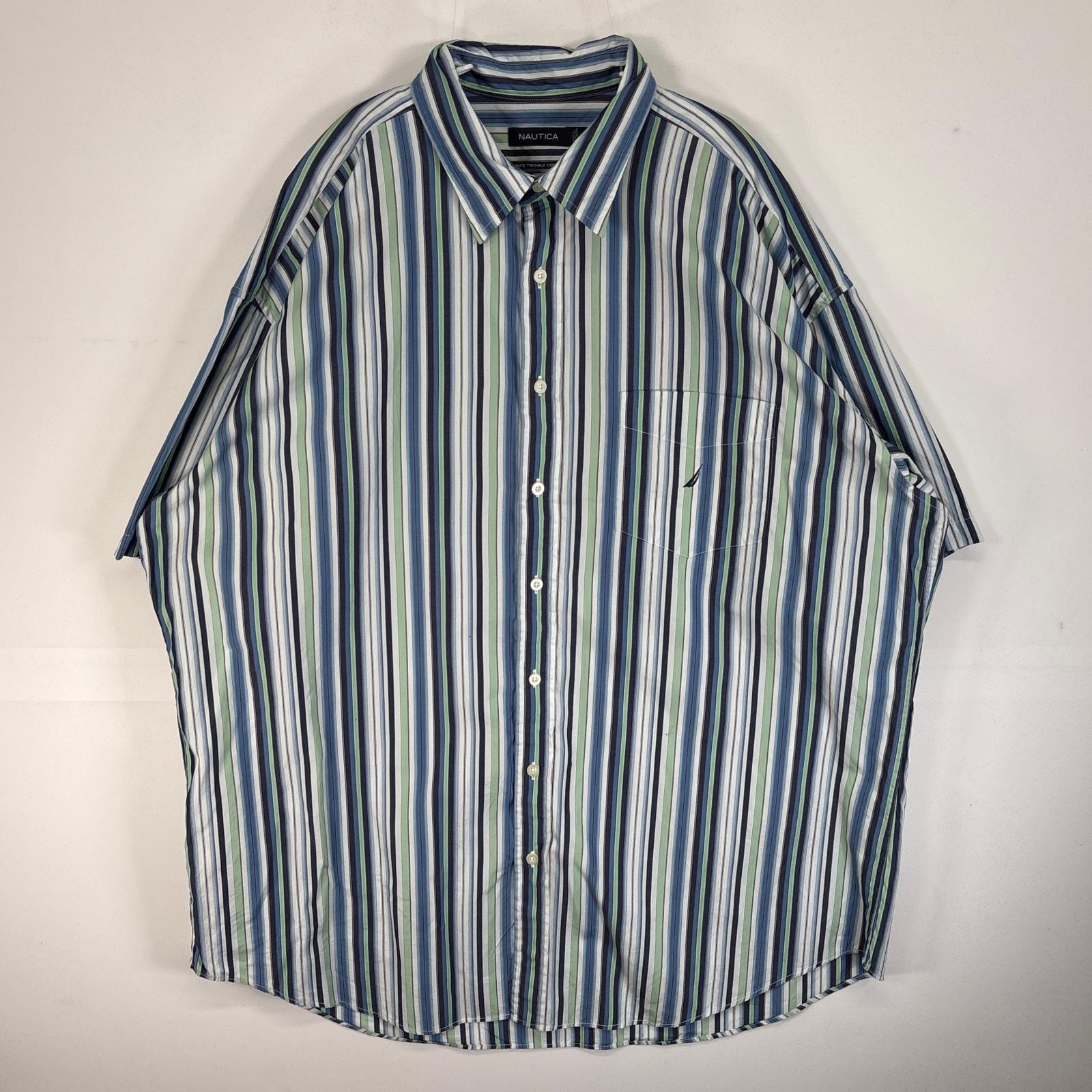 古着 ノーティカ NAUTICA 半袖シャツ ストライプ ロゴ 刺繍 大きいサイズ 3XL  ブルー系 マルチカラー メンズ