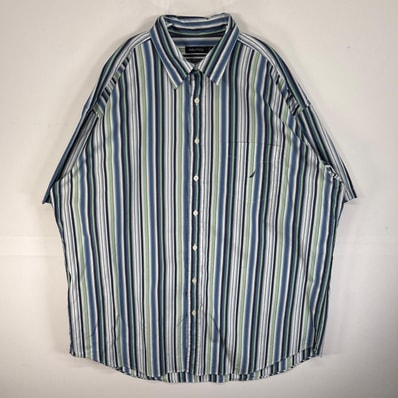 古着 ノーティカ NAUTICA 半袖シャツ ストライプ ロゴ 刺繍 大きいサイズ 3XL ブルー系 マルチカラー メンズ