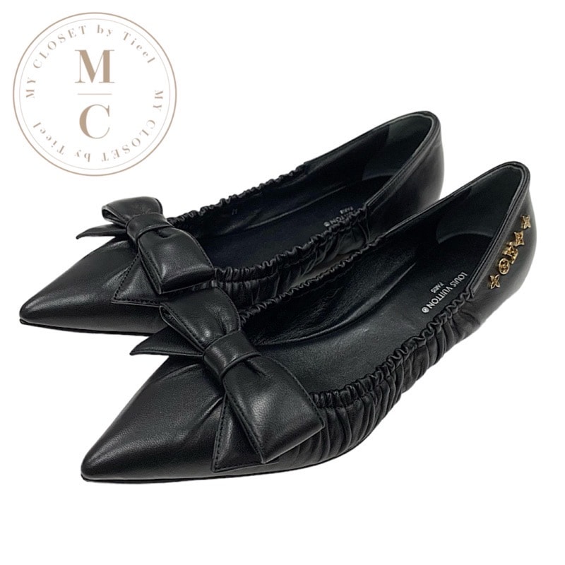 ルイヴィトン LOUIS VUITTON マーリライン フラットシューズ 靴 シューズ レザー ブラック 黒 ゴールド ロゴ リボン バレエシューズ モノグラム