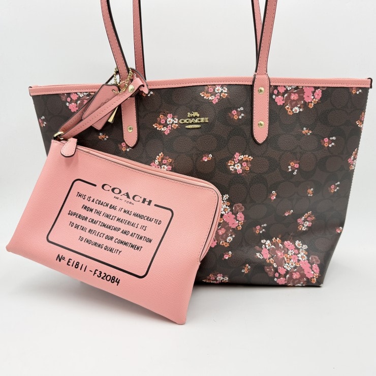COACH(コーチ)シグネチャー メドレー ブーケ リバーシブル シティー トート トートバッグ 花柄 ブラウン ピンク ポーチ付 F32084【中古】