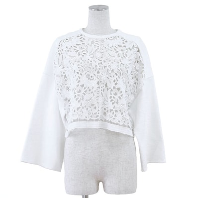 美品 ヴァレンチノ レース スウェット トレーナー コンビネーション トップス ロゴ スウェット レディース ホワイト XS Valentino