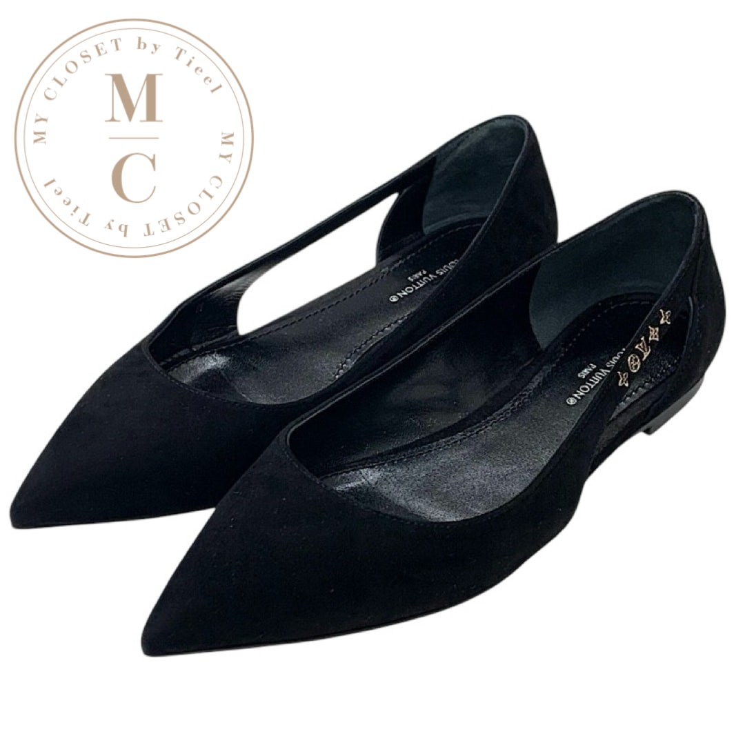 ルイヴィトン LOUIS VUITTON シグネチャーライン パンプス 靴 シューズ スエード ブラック 黒 ゴールド ロゴ フラットシューズ フラットパンプス