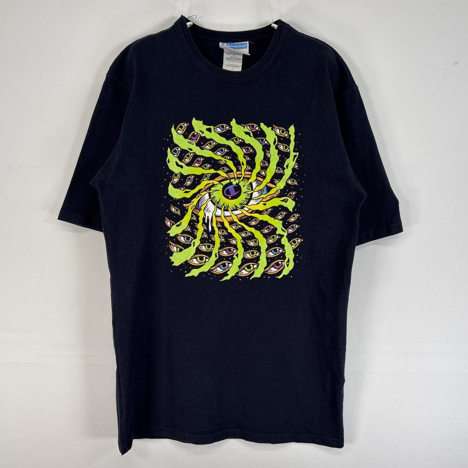 古着 チャンピオン Champion 半袖Tシャツ 肉厚 大判 プリント ロゴ 目 S  ネイビー メンズ