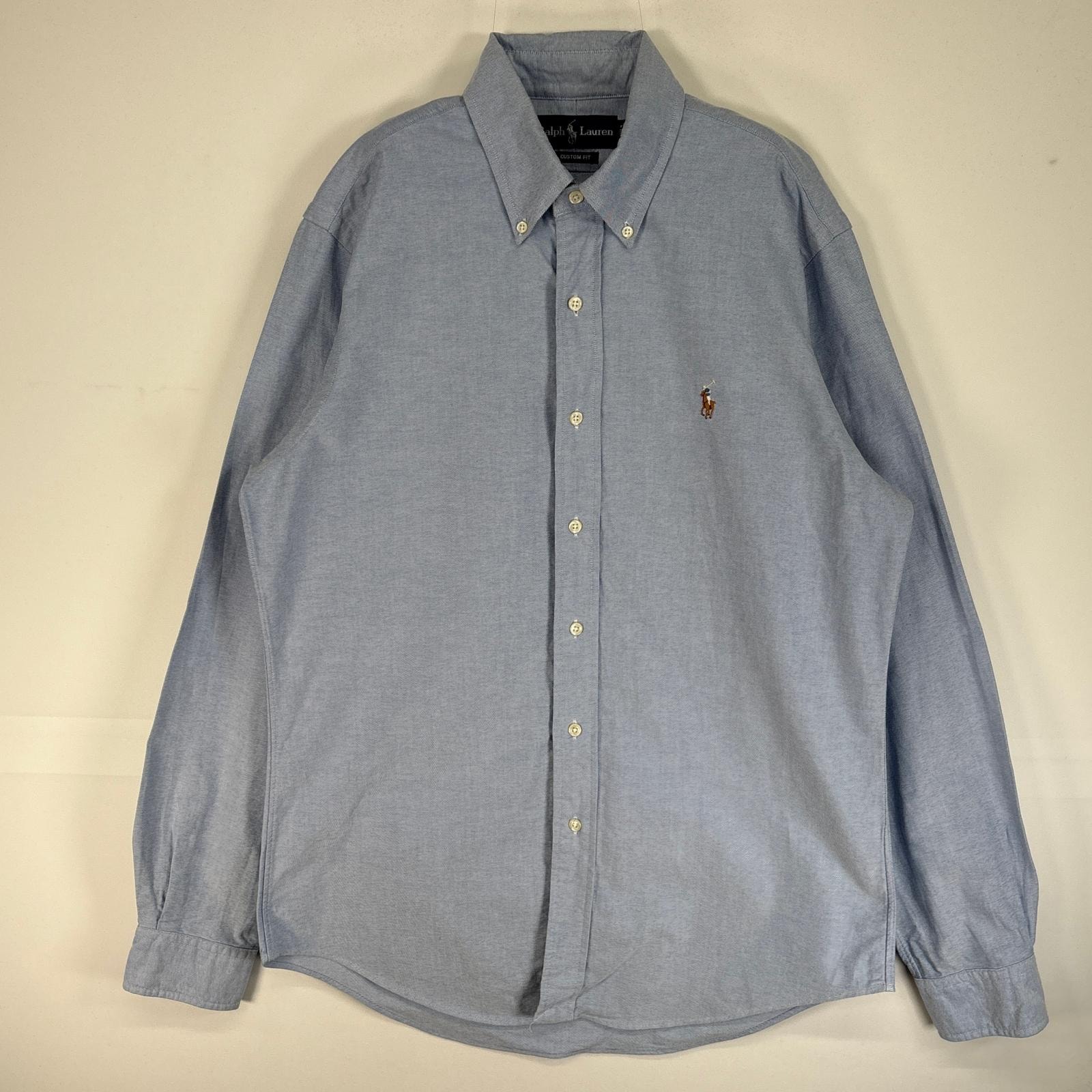 古着 ラルフローレン RALPH LAUREN 長袖シャツ ロゴ 刺繍 肉厚 ボタンダウン M  水色系 無地 メンズ