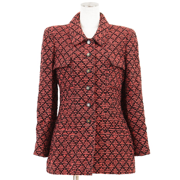 【美品】CHANEL BOUTIQUE シャネル ブティック ヴィンテージジャケット サイズ 38 レディース 95A P05767 ツイード COCOマークロゴボタン ウール × モヘア × ナイロン アウター レッド ブラック 黒 赤 フランス製