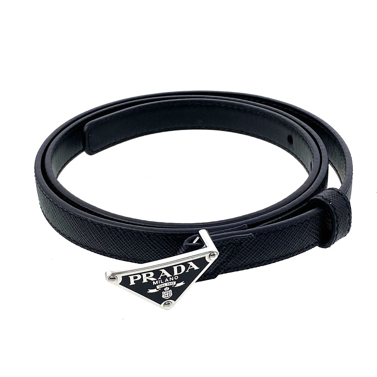 PRADA プラダ トライアングルロゴ サフィアーノ  ベルト 1CC621 レザー ブラック シルバー  レディース【中古】