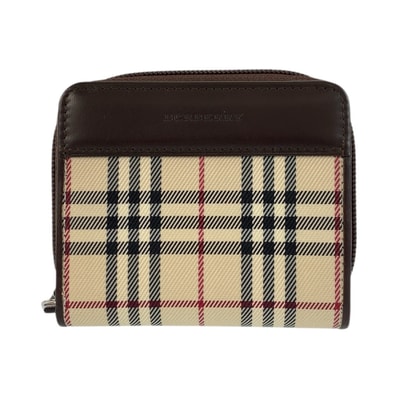 新品未使用 BURBERRY バーバリー チェック柄 ベージュ ブラウン シルバー金具 キャンバス レザー/ 折り財布 コンパクトウォレット 601952 【中古】