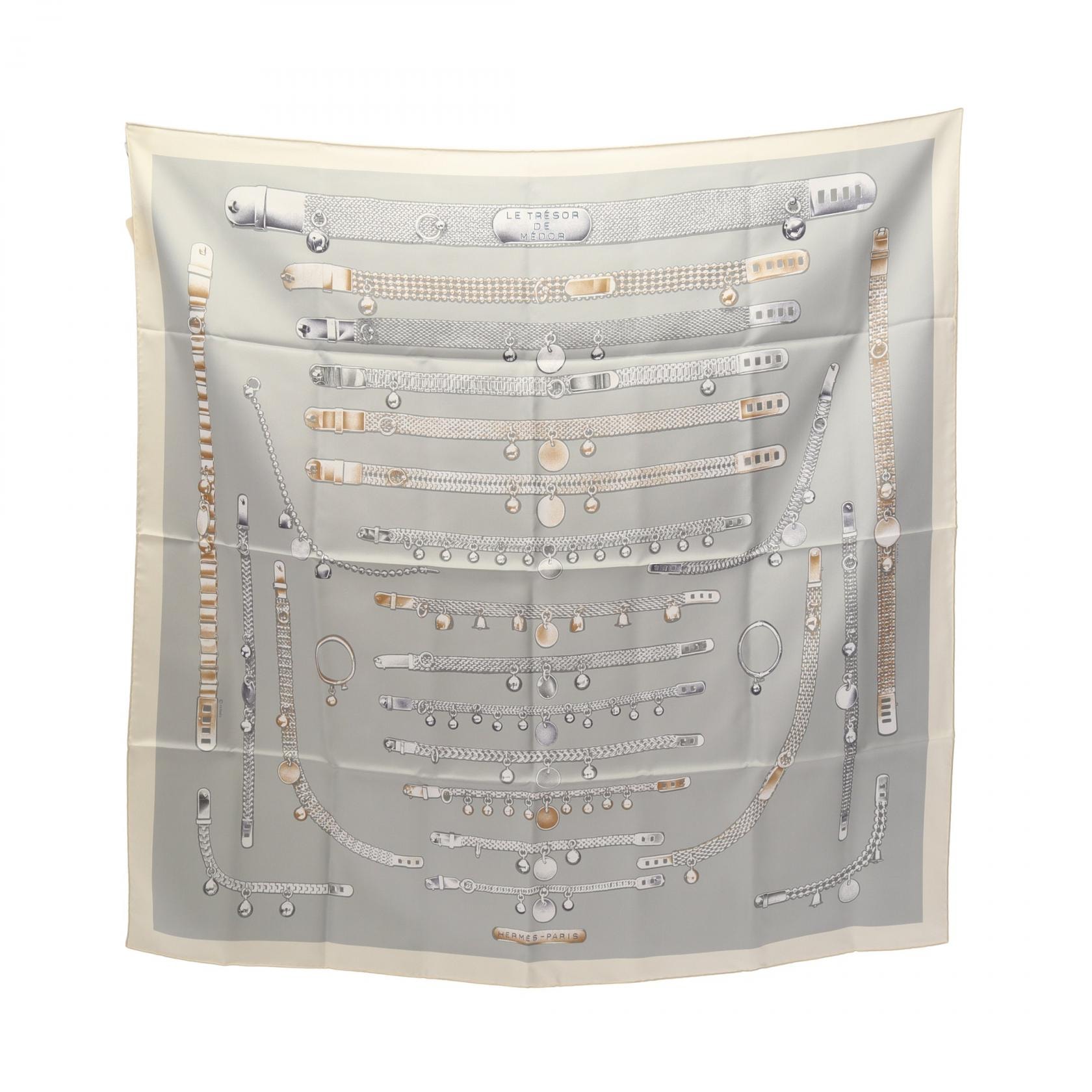 エルメス HERMES カレ90 Le Tresor de Medor スカーフ 衣料品 シルク シルク レディース グレー系 / ホワイト系 / マルチカラー 【中古】