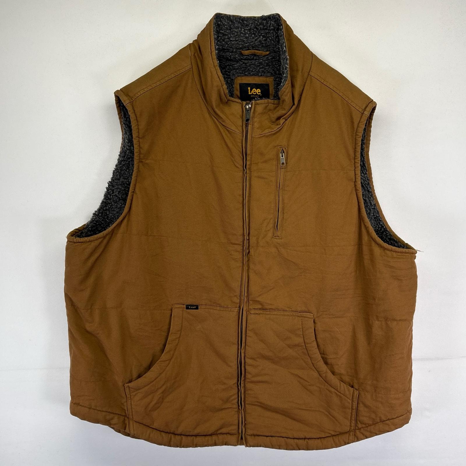 古着 リー Lee ベスト フルジップ ボアライナー キャンバス ワンポイントロゴ 大きいサイズ 2XL  ブラウン系 メンズ
