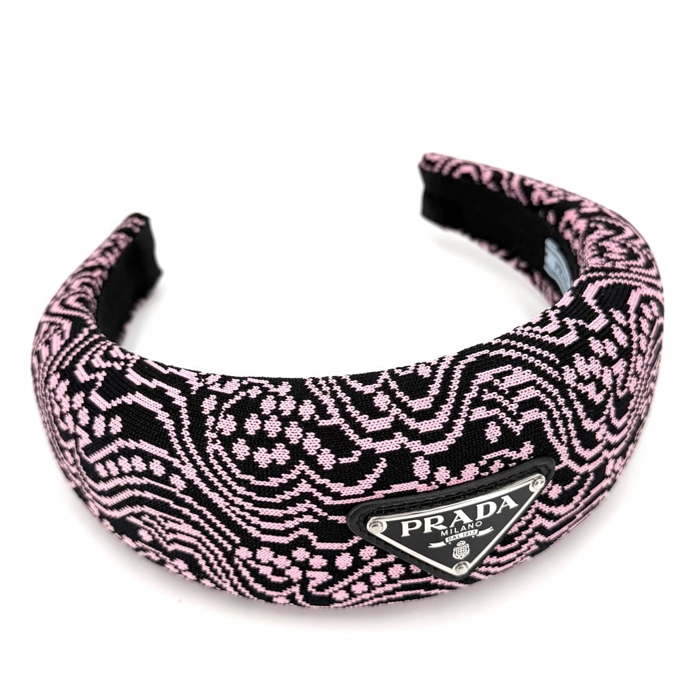 PRADA プラダ ヘアアクセサリー カチューシャ ヘッドバンド トライアングルロゴ 小物 キャンバス    ブラック 黒 ピンク シルバー金具 レディース 美品【中古品】
