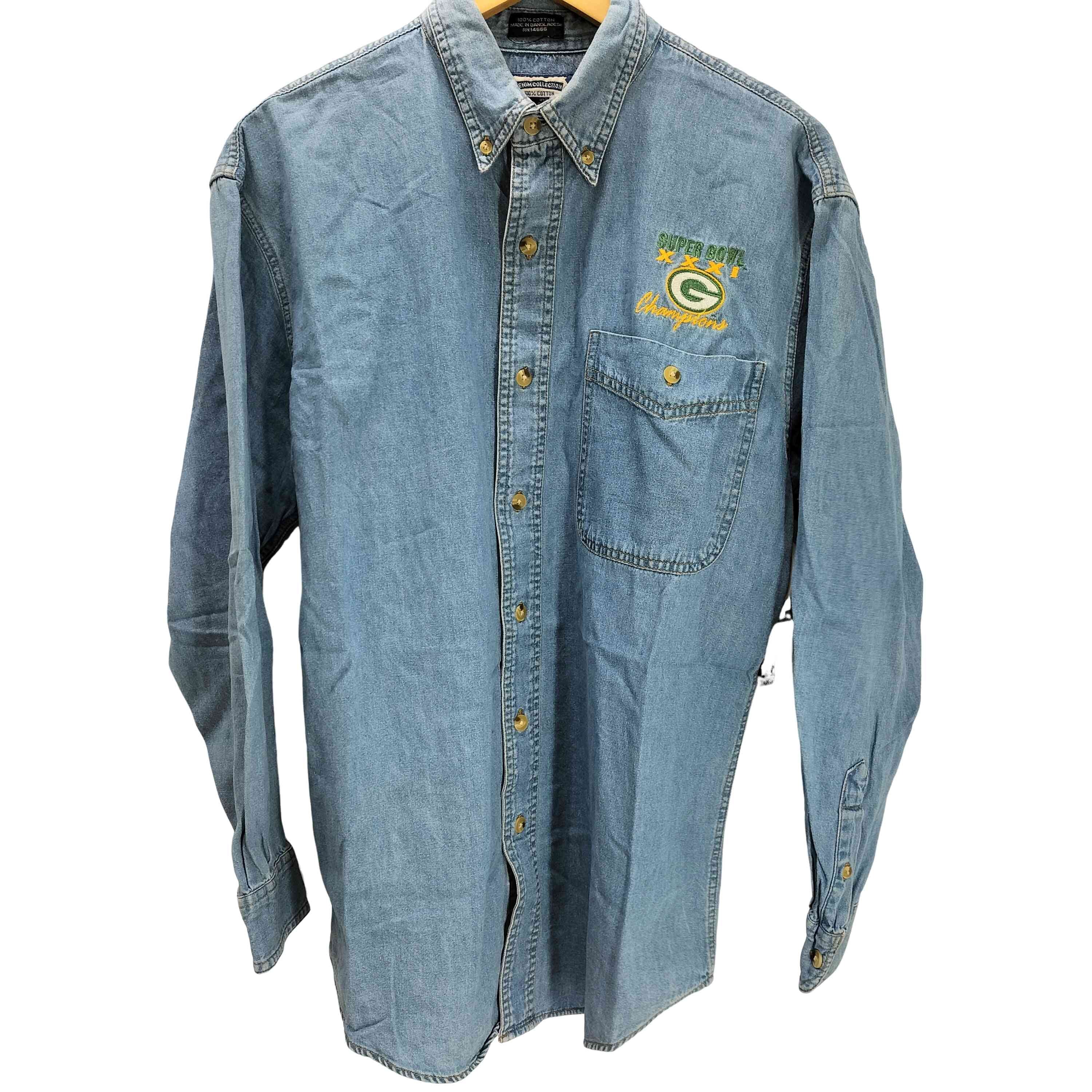 90S DENIM COLLECTION SUPER BOWL ロゴ 刺繍 アメリカンフットボール ボタンダウン シャンブレー L/S シャツ【1139927987381】