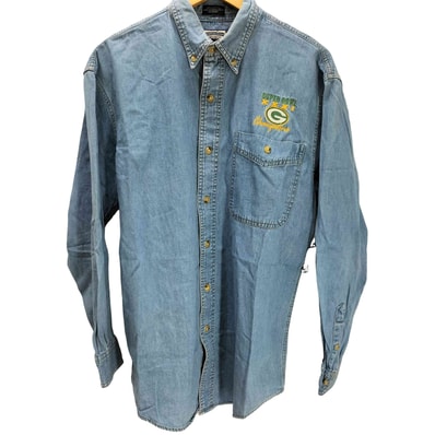 90S DENIM COLLECTION SUPER BOWL ロゴ 刺繍 アメリカンフットボール ボタンダウン シャンブレー L/S シャツ【1139927987381】