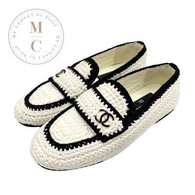 シャネル CHANEL フラットシューズ 靴 シューズ ファブリック ホワイト ブラック ココマーク 編み込み