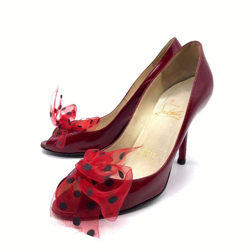 クリスチャンルブタン Christian Louboutin ドット柄リボン ヒール リボン オープントゥ ピープトゥ パンプス パテントレザー レッド