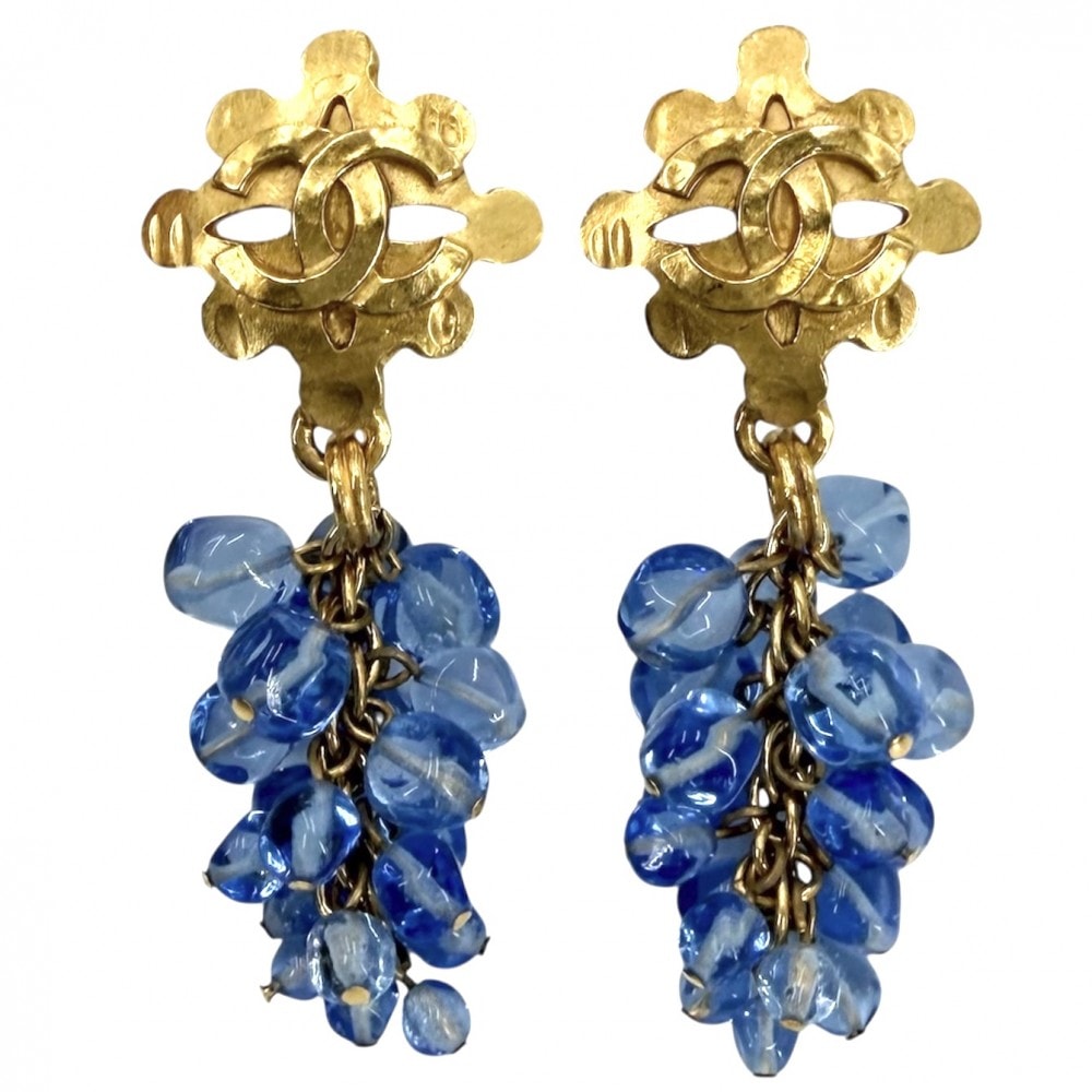 CHANEL シャネル イヤリング スイング アクセサリー ヴィンテージ  ココマーク GP  ビーズ   94P ゴールド ブルー 青 レディース 約44.6g 1994年【中古品】