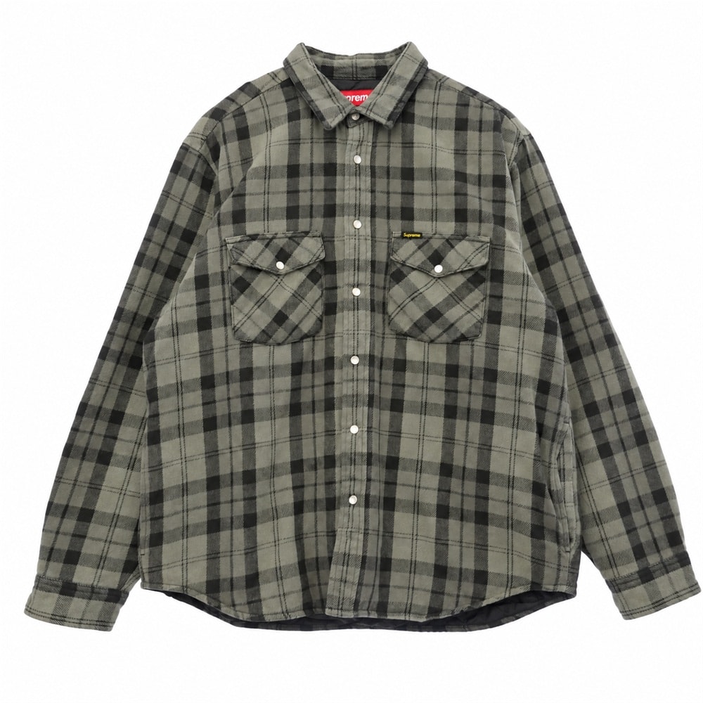 Supreme シュプリーム 24SS Quilted Flannel Snap Shirt キルテッド コットン チェック フランネル スナップ 長袖シャツ グレー系 L【中古】