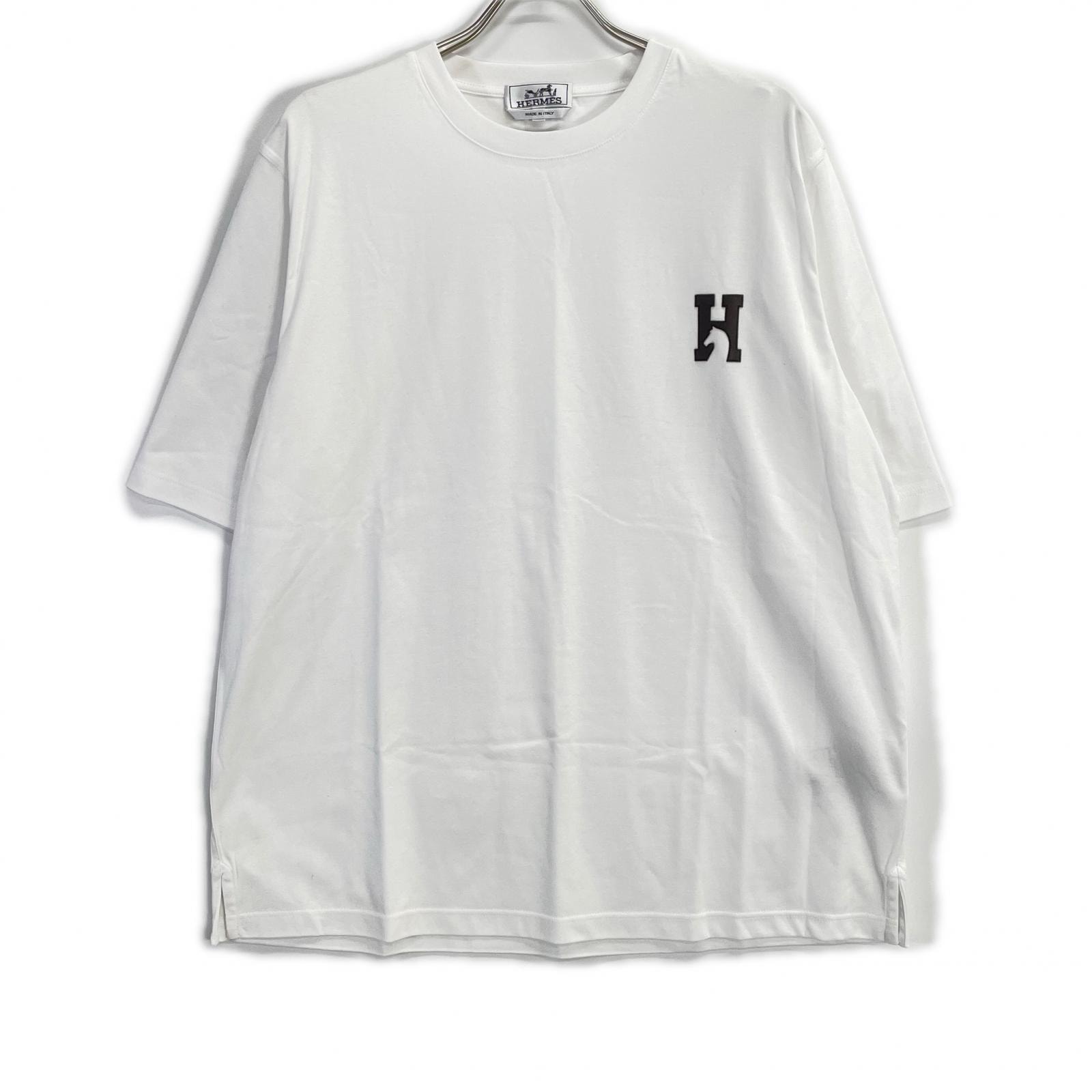 エルメス ホワイト HCheval レザーミニパッチ Tシャツ L