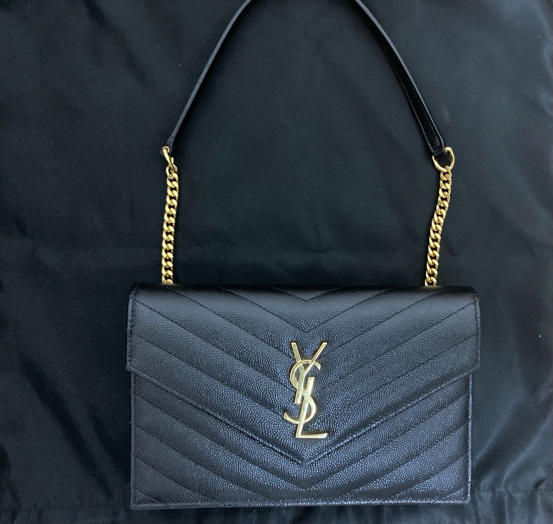 Saint Laurent Envelope Chain Wallet In Grain De Poudre Embossed Leather "Black"