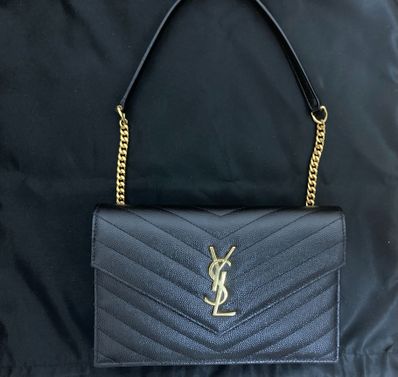 Saint Laurent Envelope Chain Wallet In Grain De Poudre Embossed Leather "Black"