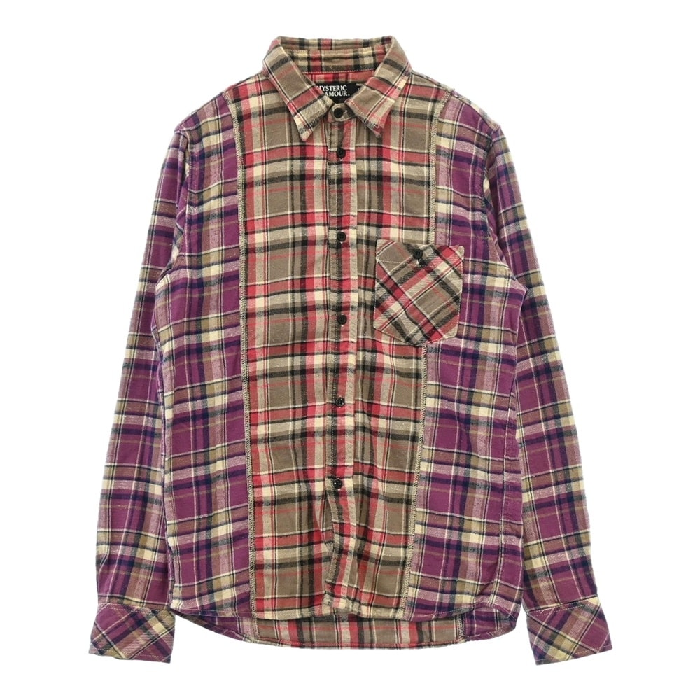 HYSTERIC GLAMOUR ヒステリックグラマー 0221AH03 切替 チェック マルチカラー 長袖 ネルシャツ パープル系 グレー系 M【中古】