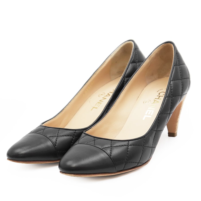 CHANEL シャネル パンプス サイズ 37 1/2 C レディース 14C G29266 マトラッセ キルティング レザー コルクヒール ポインテッドトゥ COCOマーク チャーム シューズ 靴 箱・袋付属 ブラック 黒 イタリア製