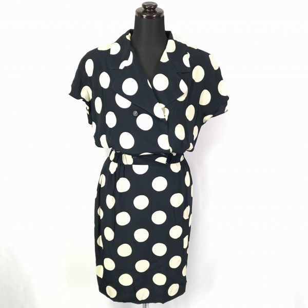 試着交換OK!80sビンテージ/イタリア製★FENDI 365ライン★ドット柄/シルキーワンピース【42/Women's size -M-L程度/紺系】シルク混合◆BF244
