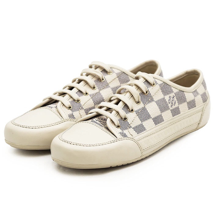 【美品】LOUIS VUITTON ルイ・ヴィトン スニーカー ダミエアズール サイズ 37 レディース ローカット レースアップ レザー シューズ 靴 箱・袋付属 アイボリー イタリア製